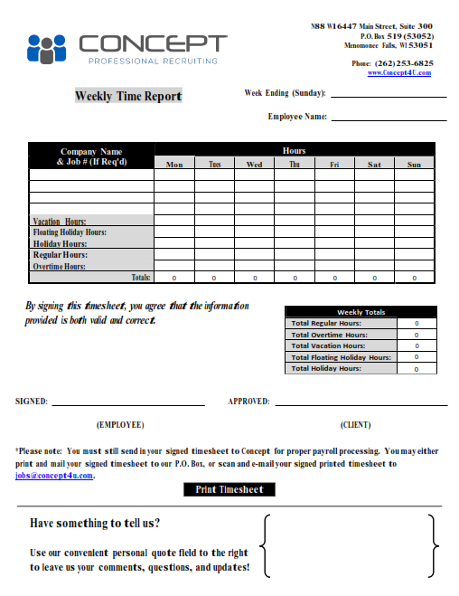 Concept Weekly Time Report